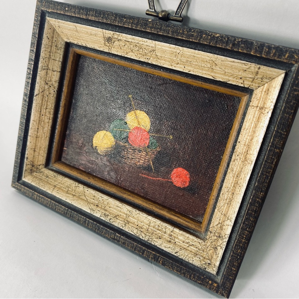 Miniature Vintage Still Life Oil Painting Board Basket Knitting Yarn and Needles - Picture 6 of 13